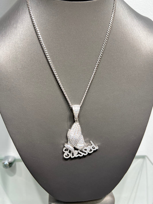 S424- NEW .925 Sterling Silver Full Blessed Hand Pendant W.G