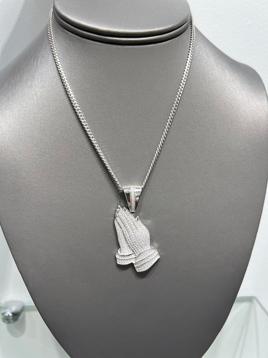 S405- NEW .925 Sterling Silver Full CZ Praying Hands Pendant W.G