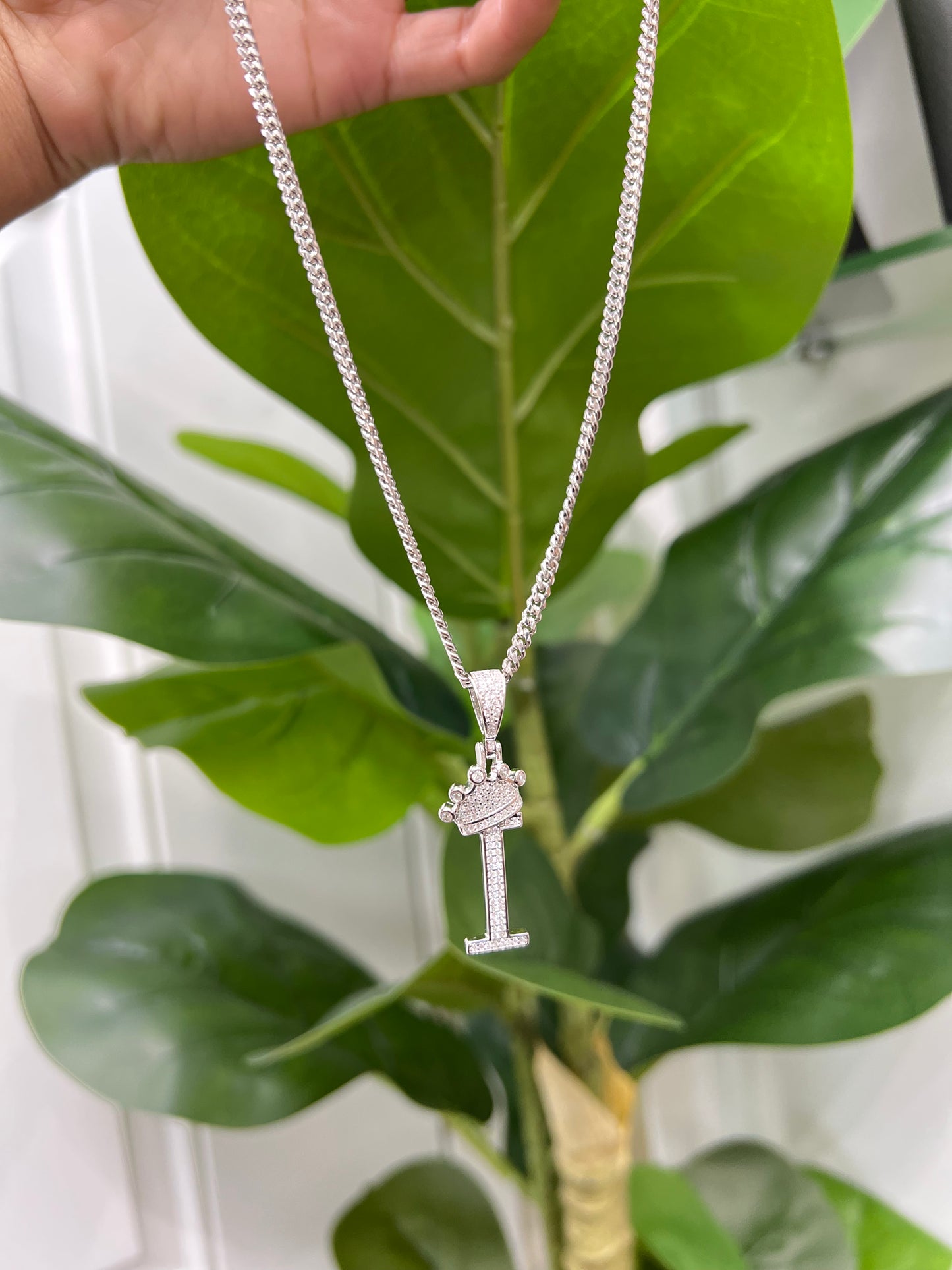 S727- NEW .925 Sterling Silver Letter “I” Crown Pendant W.G