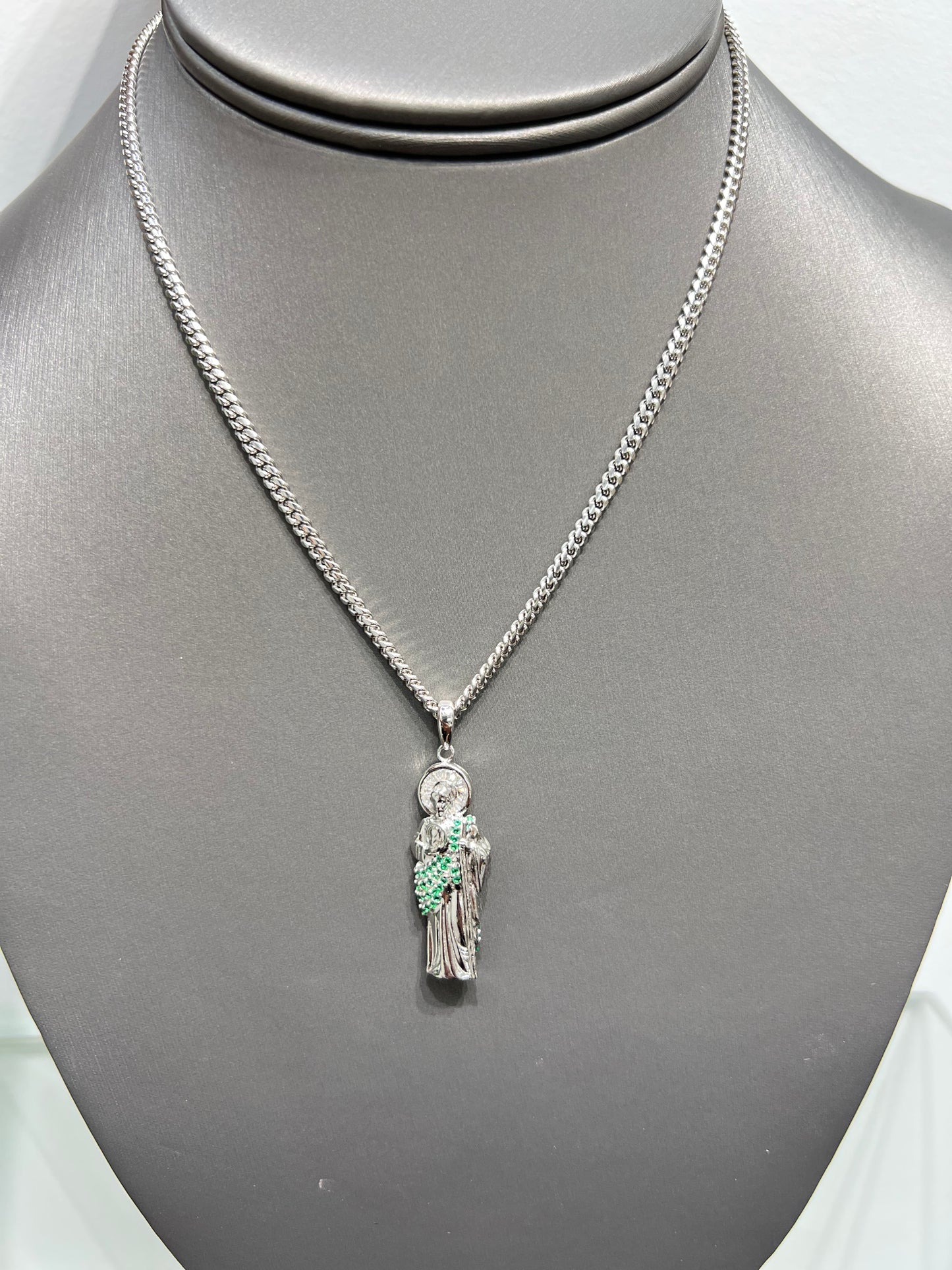S0010- NEW .925 Sterling Silver St. Jude 3D Green Cz Pendant W.G