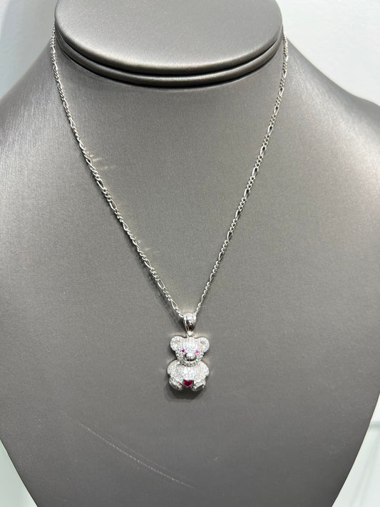 S629- NEW .925 Sterling Silver Teddy Bear Heart Pendant- W.G