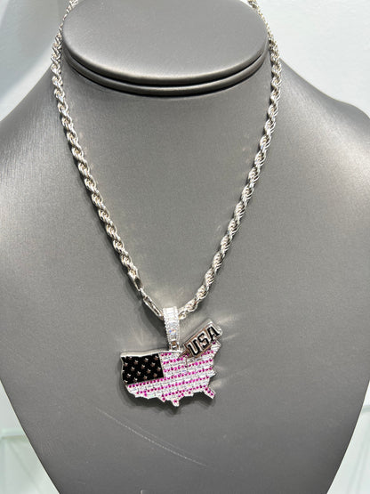 S845- NEW .925 Sterling Silver USA Map Flag Pendant W.G