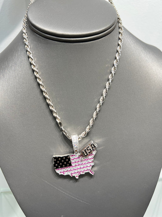 S845- NEW .925 Sterling Silver USA Map Flag Pendant W.G