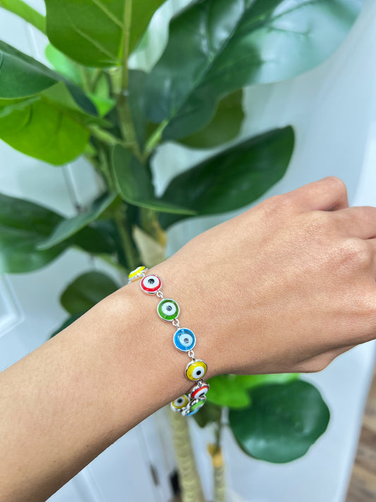 S423- NEW .925 Sterling Silver Colorful Evil Eye Bracelet W.G