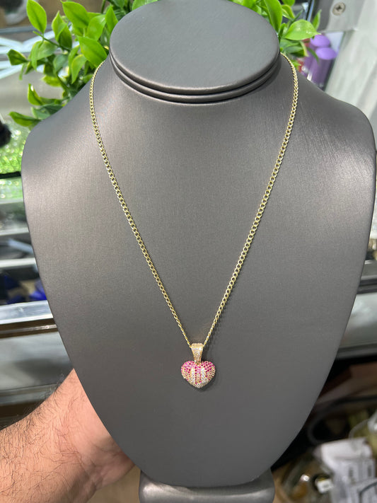 C46- NEW 14K  Cuban Curb Chain 18” & Heart Full Cz Pendant Set