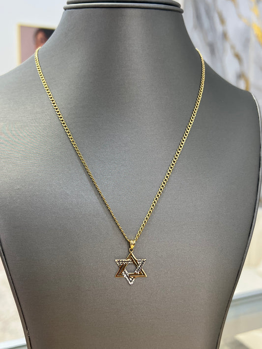 C82- SET 14K Hollow Miami Cuban Link Chain 18” (2.5mm) & 14K Star of David Pendant W.G