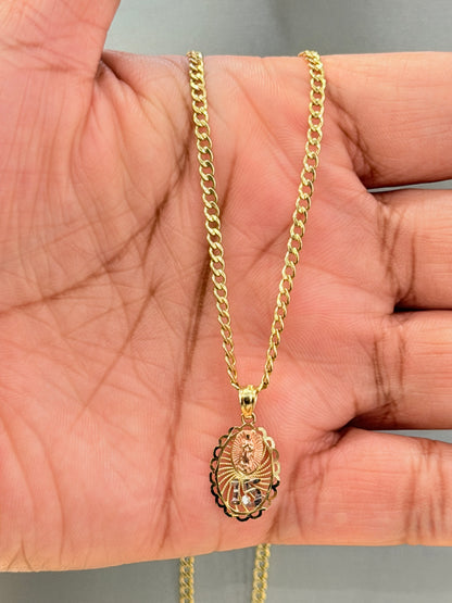 C80- SET 14K Hollow Miami Cuban Link Chain 18” (2.5mm) & 14K Quinceañera Tri Color Pendant W.G