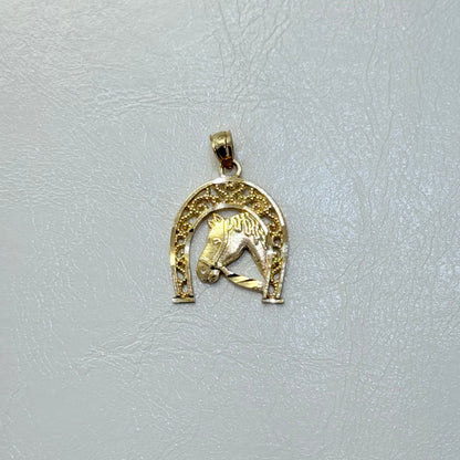 1857- NEW 14K Horse Head With Horseshoe Frame Pendant W.G