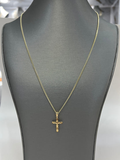 C83- SET 10K Hollow Miami Cuban Chain 18” (2.2mm) & 10K Nugget Cross Pendant W.G