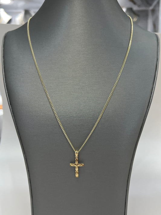 C83- SET 10K Hollow Miami Cuban Chain 18” (2.2mm) & 10K Nugget Cross Pendant W.G