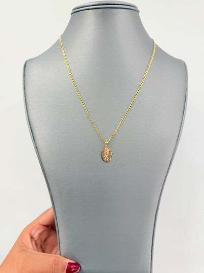 C80- SET 14K Hollow Miami Cuban Link Chain 18” (2.5mm) & 14K Quinceañera Tri Color Pendant W.G