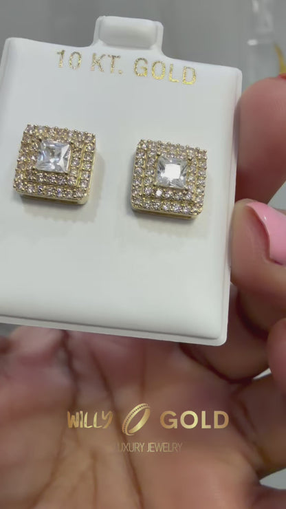 1742- NEW 10K Gold Square Cz Stud Earrings (10.1mm) W.G