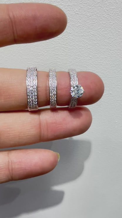 S1137- NEW .925 Sterling Silver Three Row Cz Stone Wedding Ring Set W.G