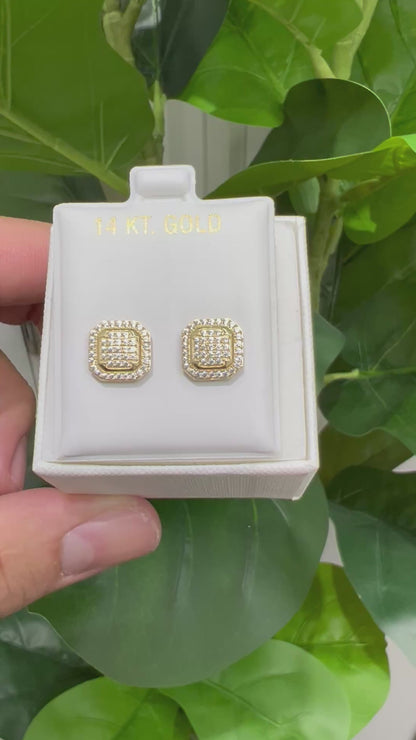 1365- NEW 14K Gold Square Full Cz Stud Earrings (10mm) W.G