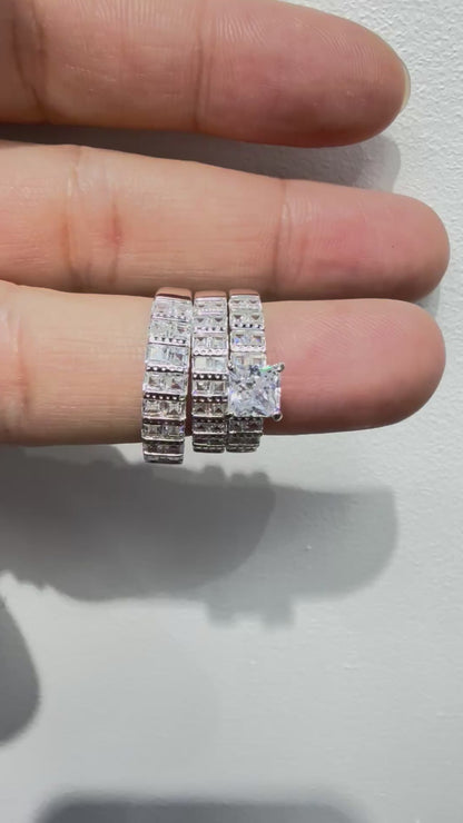 s1136- .925 Sterling Silver Wedding Ring Set W/ Square Cz Stone W.G