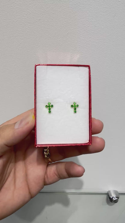1047- NEW 14K Full Cz Green Cross Stud Earrings W.G