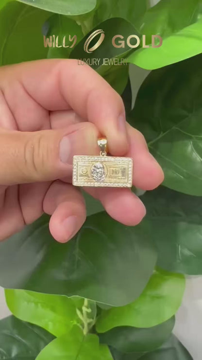 1650- NEW 10K 100 Dollar Bill Small Pendant (24x12mm) W.G