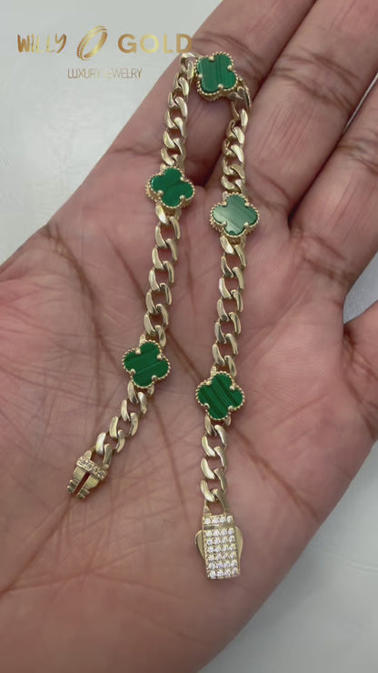 1813- NEW 14K Hollow Green Trebol Bracelet 7.5” (9.2mm) W.G