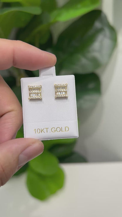 1460- NEW 10K Square Full Cz & Baguette Cut Earrings (9.5mm) W.G