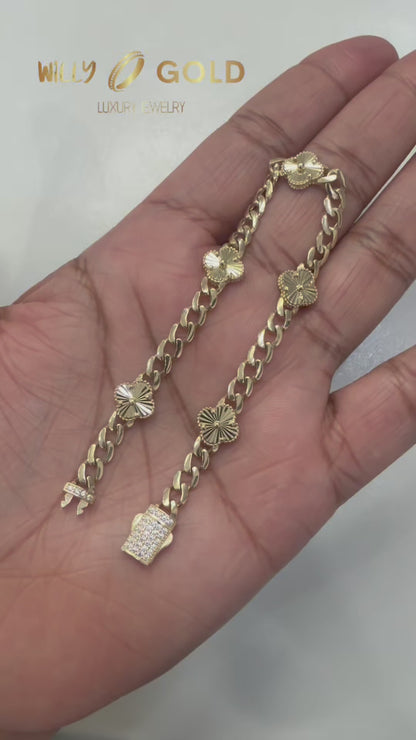 1812- NEW 14K Hollow Gold Trebol Bracelet 7.5” (9.1mm) W.G