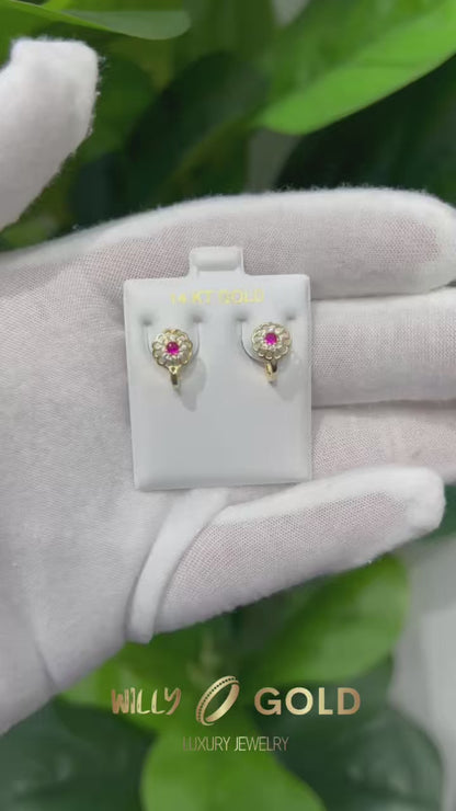 1601- NEW 14K Gold Flower Hoop Earrings (7.7mm) W.G