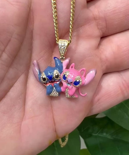 1212- NEW 14K Disney Lilo Stitch & Angel Gold Pendant W.G