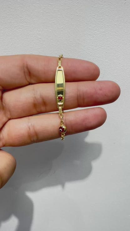 472- NEW 14K Hollow Red Evil Eye & Dolphin ID Bracelet (2.75mm) W.G