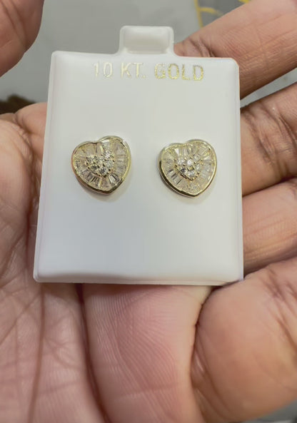 1739- NEW 10K Gold Baguette Cut Heart Stud Earrings (10mm) W.G