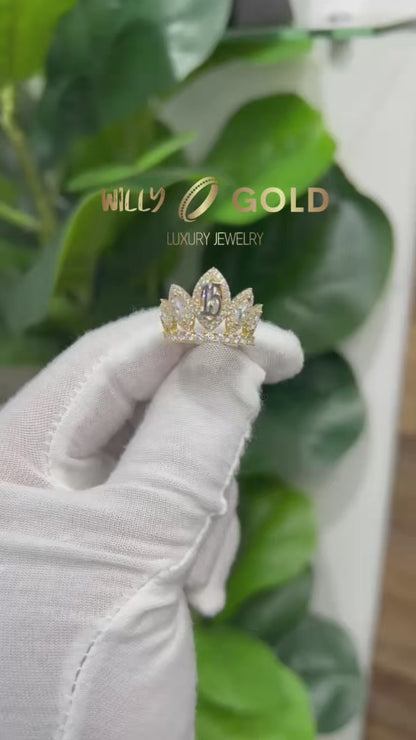008- NEW 14K Full Cz Quinceañera Crown Ring W.G