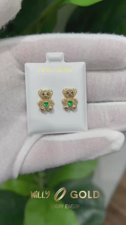 1204-NEW 14K Gold Teddy Bear Full Cz Green Earrings (10.5mm)W.G
