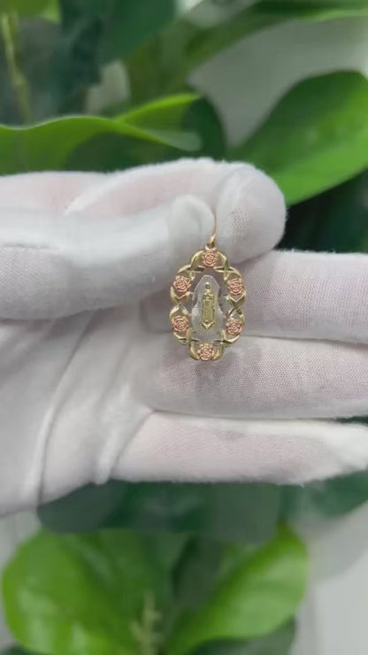 1612- NEW 14K Tri-Color Gold Our Lady Of Guadalupe Floral Pendant W.G