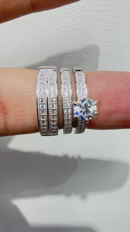S1132- NEW .925 Sterling Silver Wedding Trio Ring Set W.G