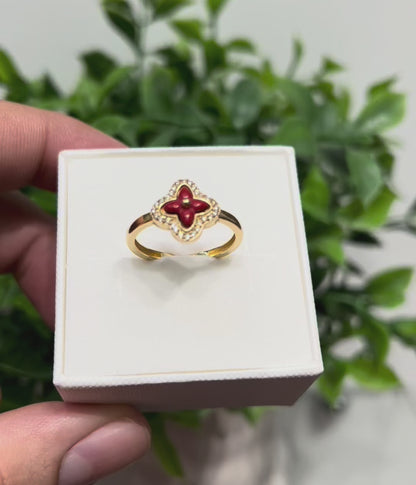 599-NEW 14K Red Trebol Gold Ring (W.G)