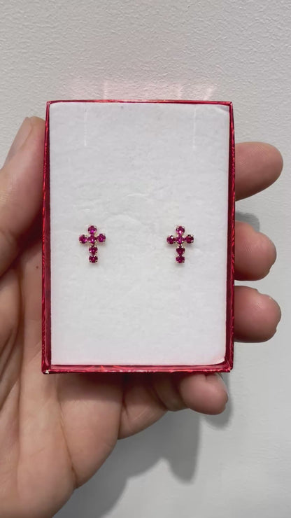 1046- NEW Full Cz Dark Pink Cross Stud Earrings W.G