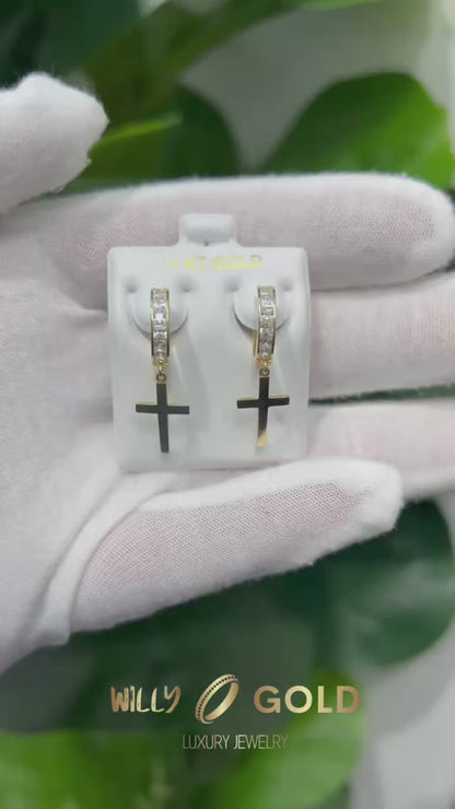 1545- NEW 14K Dangling Cross Hoop Earrings W.G