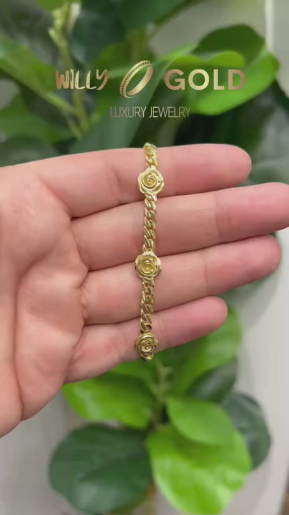 1633- NEW 10K Gold Rose Flower Bracelet 7.5" (10.1mm) W.G